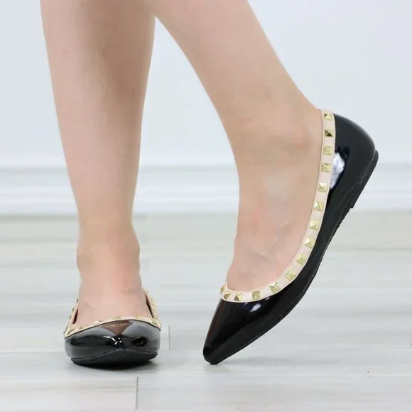 Black Patent Pointed Toe Slip On Flat Shoes Metal Gold Studs - Picture 10 of 11